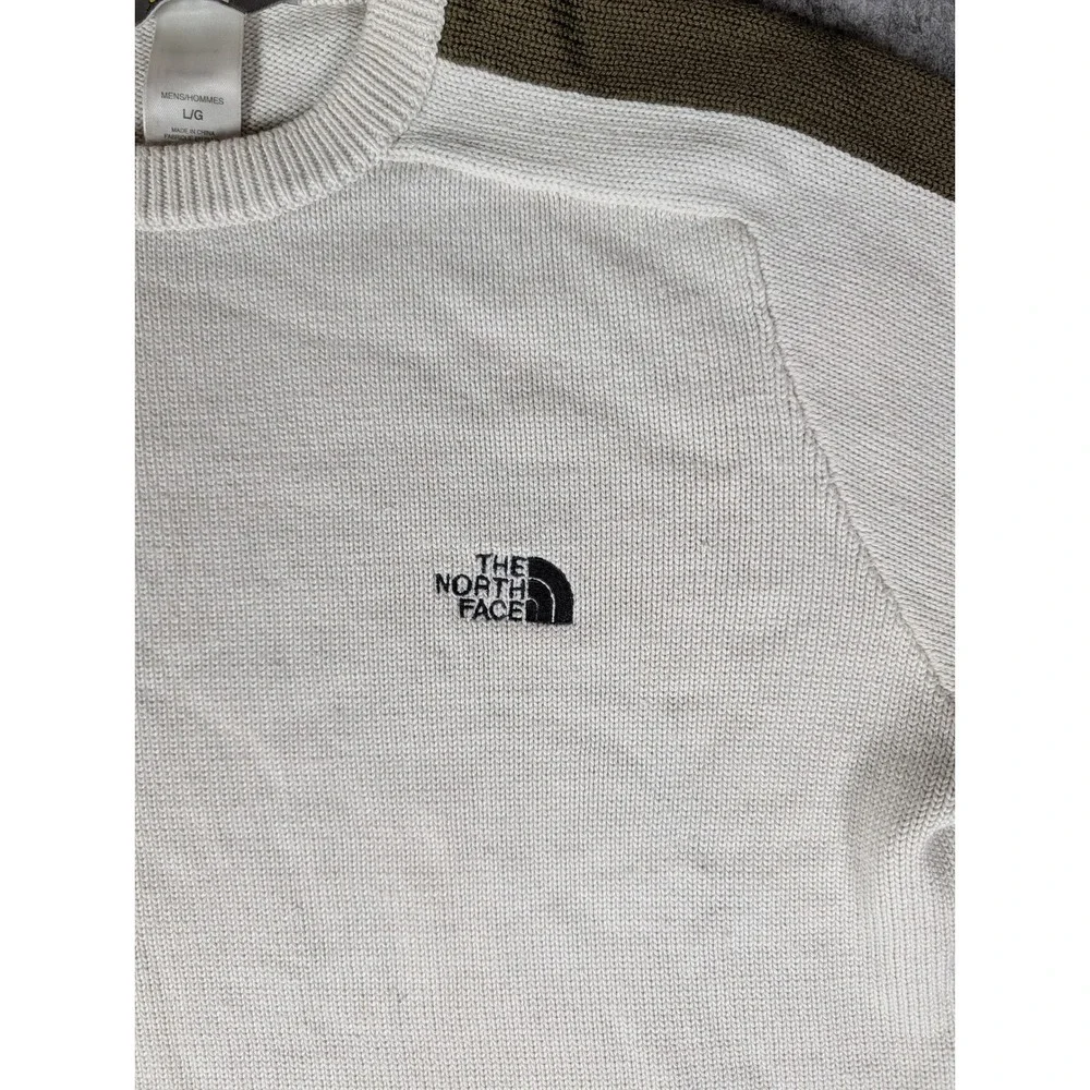The North Face Mens Knit A5 Sweater White Olive Green Stripes Logo L -stain/snag